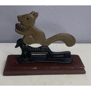 Vintage Rustic Cast Iron Squirrel Nutcracker Wood Base Brown Black Decoration